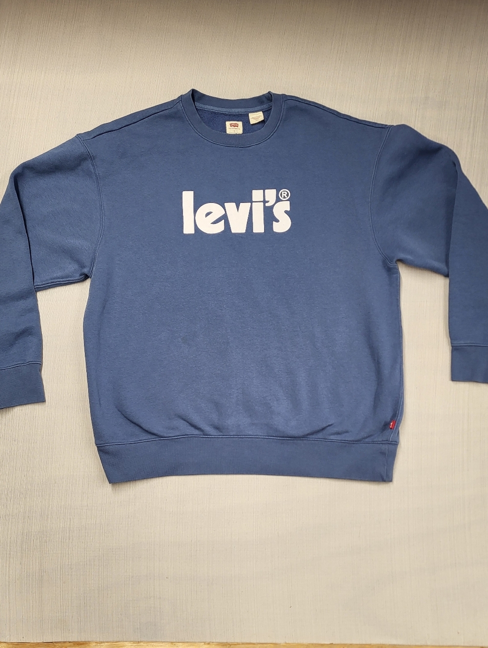 Levis Mens Blue Crew Neck Sweater Size Large Red Tag Relaxed Fit W/ Small Stain